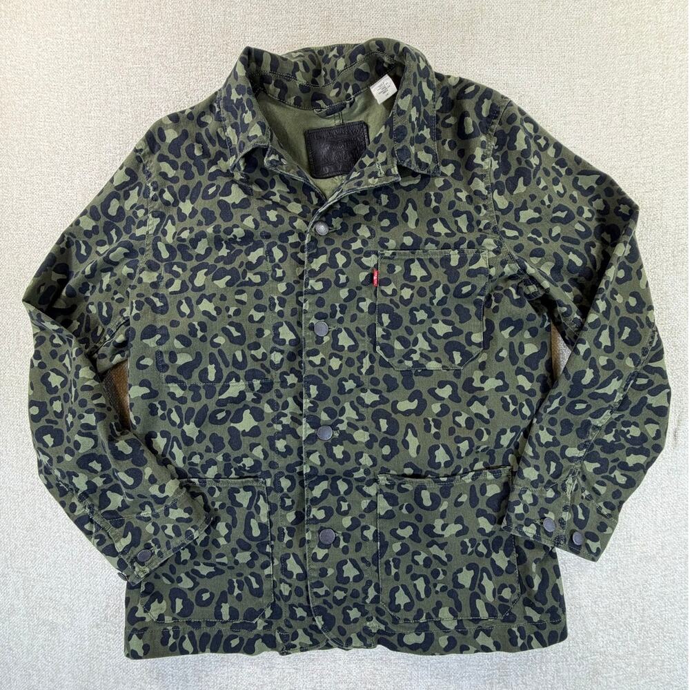Levi's Women Large Green Black Leopard Print Button Front Denim Jean Jacket